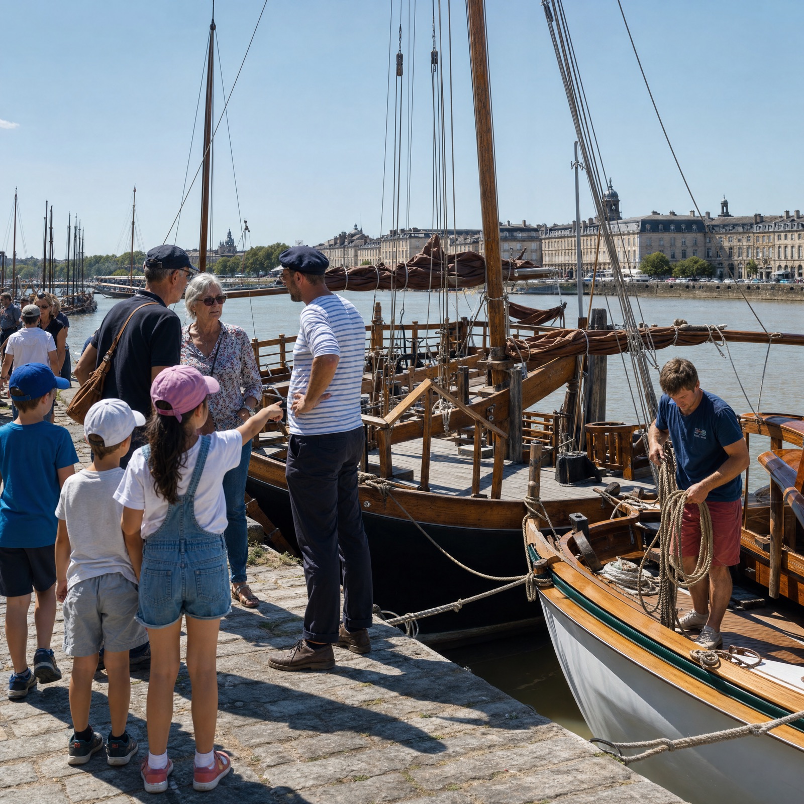 Groupe de bénévoles mettant à l'eau une pinasse restaurée au port de La Barbotière