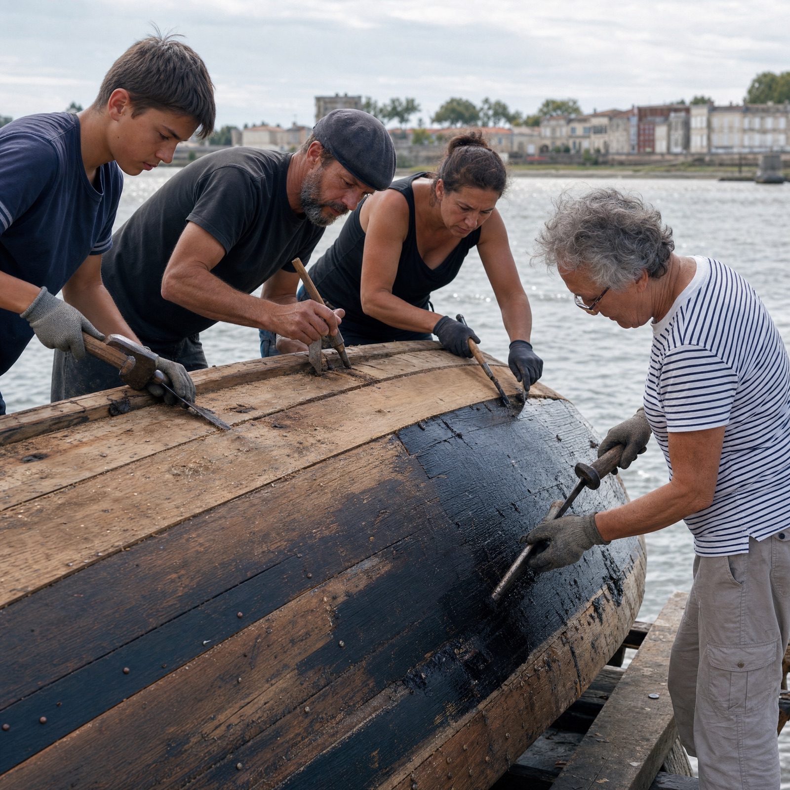 Restauration d'une pinasse dans l'atelier de charpenterie marine
